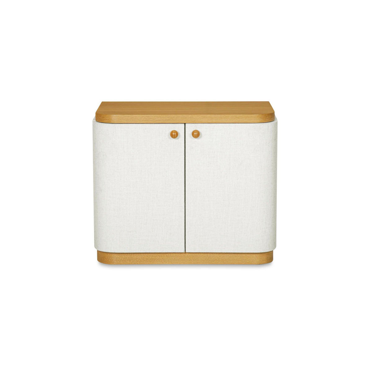 Cream fabric nightstand with curved sides, wood top, two doors and brass knobs