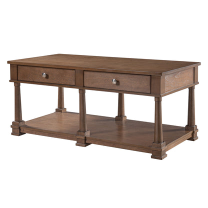 Dark brown coffee table with two drawers and lower open shelf