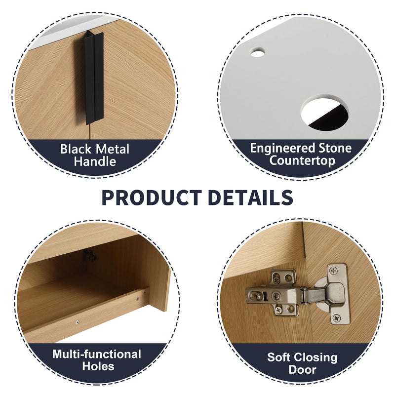 Bathroom vanity detail: black metal handle, engineered stone counter, soft-close doors