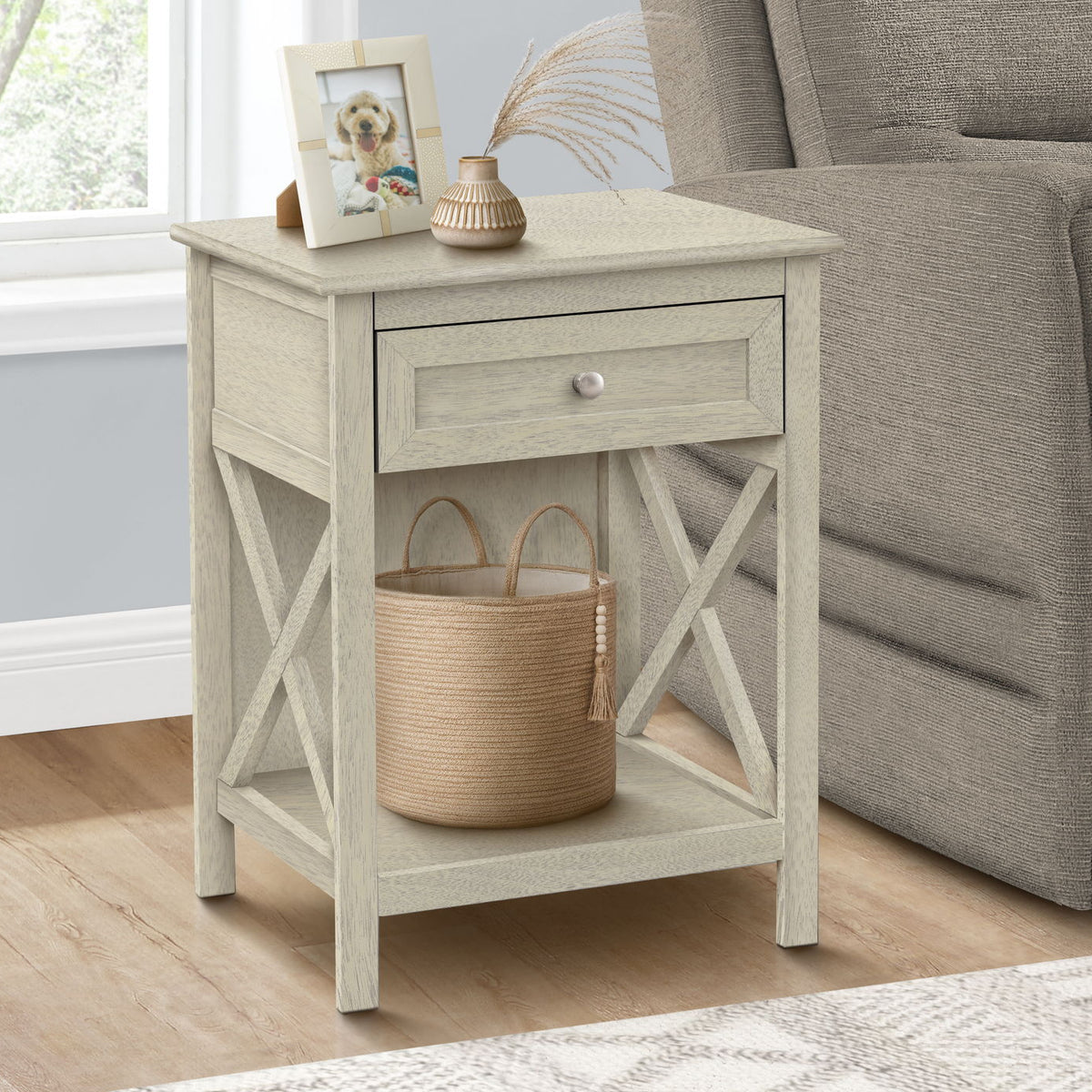 Accent End Table, 2 Tier, Storage Drawer, Transitional Style