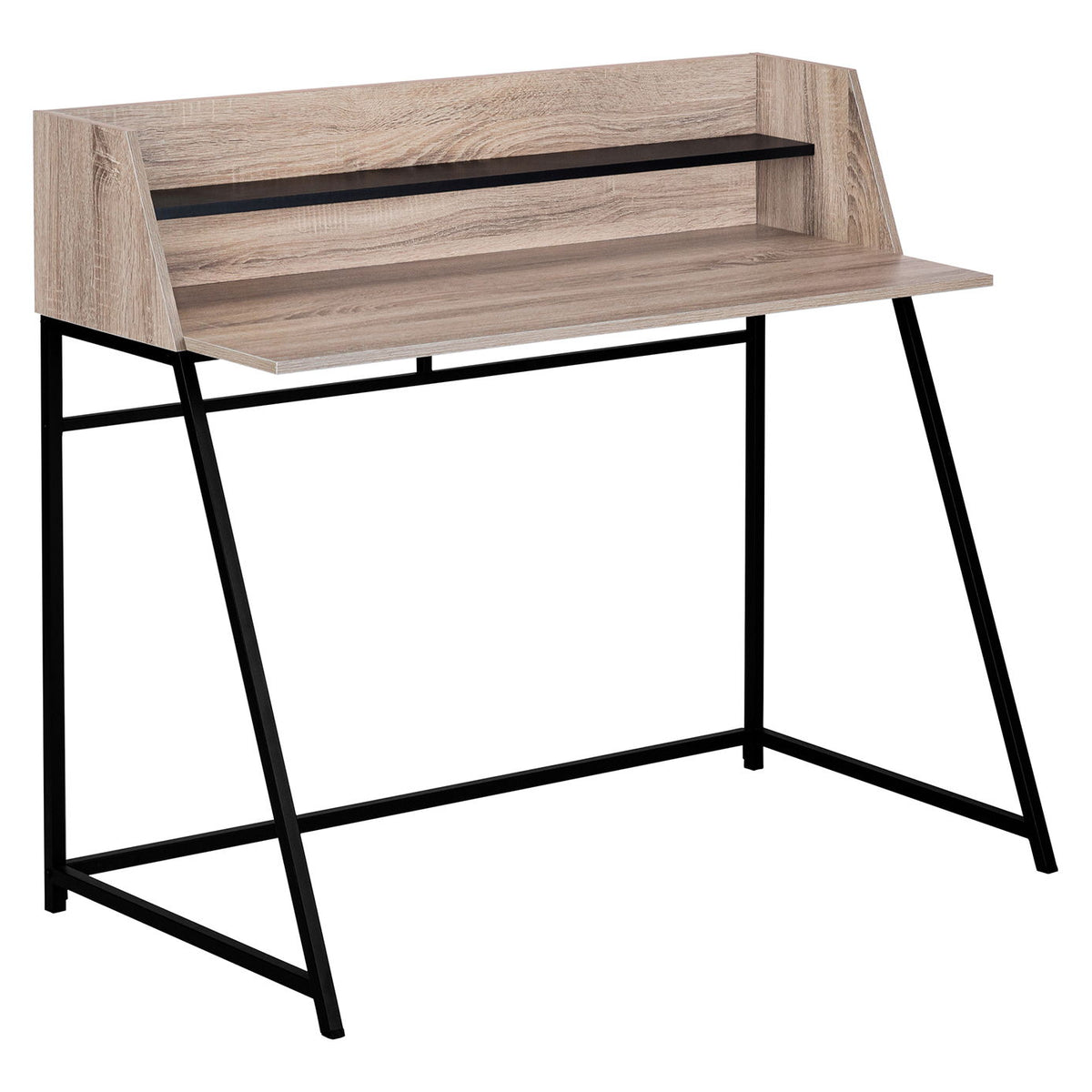 Modern computer desk with light brown top, black metal frame, open lower shelf