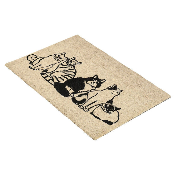 Cat lineup doormat, sand with black printed cats, angled view