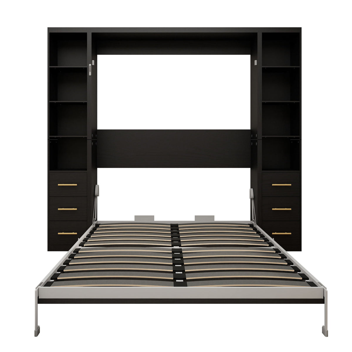 Black vertical Murphy wall bed with open storage cabinets and striped slat mattress base