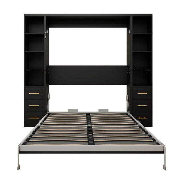 Black vertical Murphy wall bed with open storage cabinets and striped slat mattress base