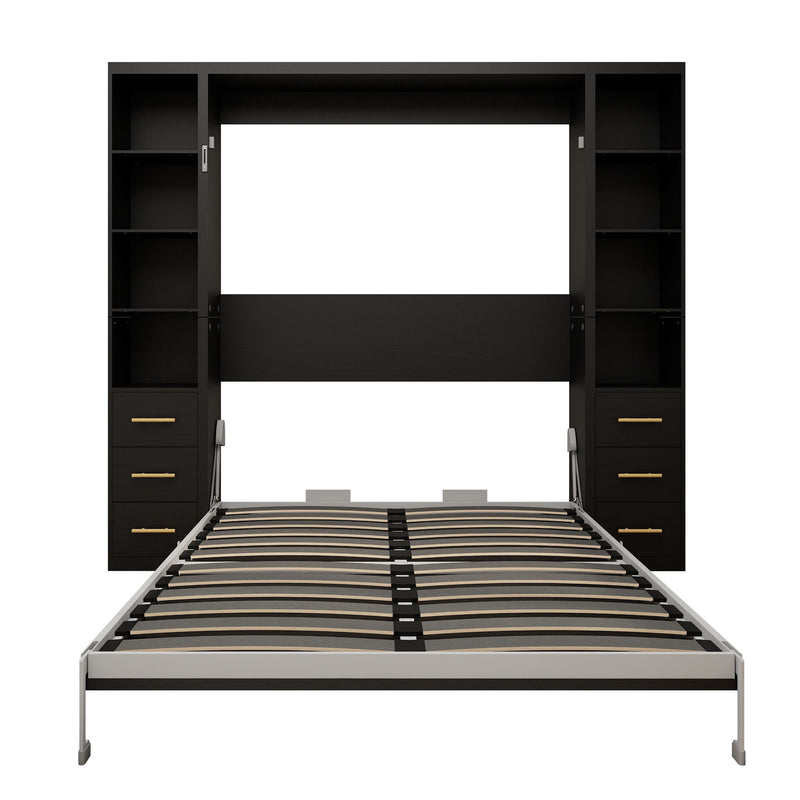 Black vertical Murphy wall bed with open storage cabinets and striped slat mattress base
