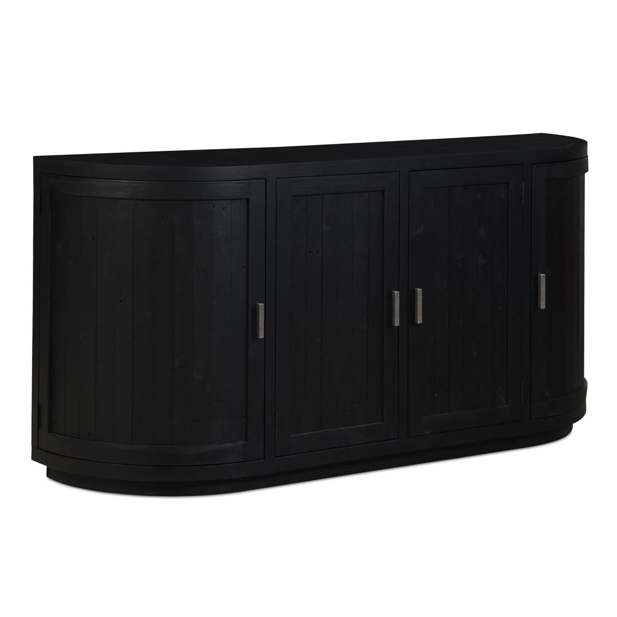 Black sideboard with cabinet doors, curved ends, and silver bar handles