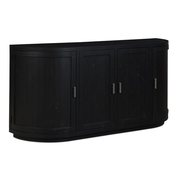 Black sideboard with cabinet doors, curved ends, and silver bar handles