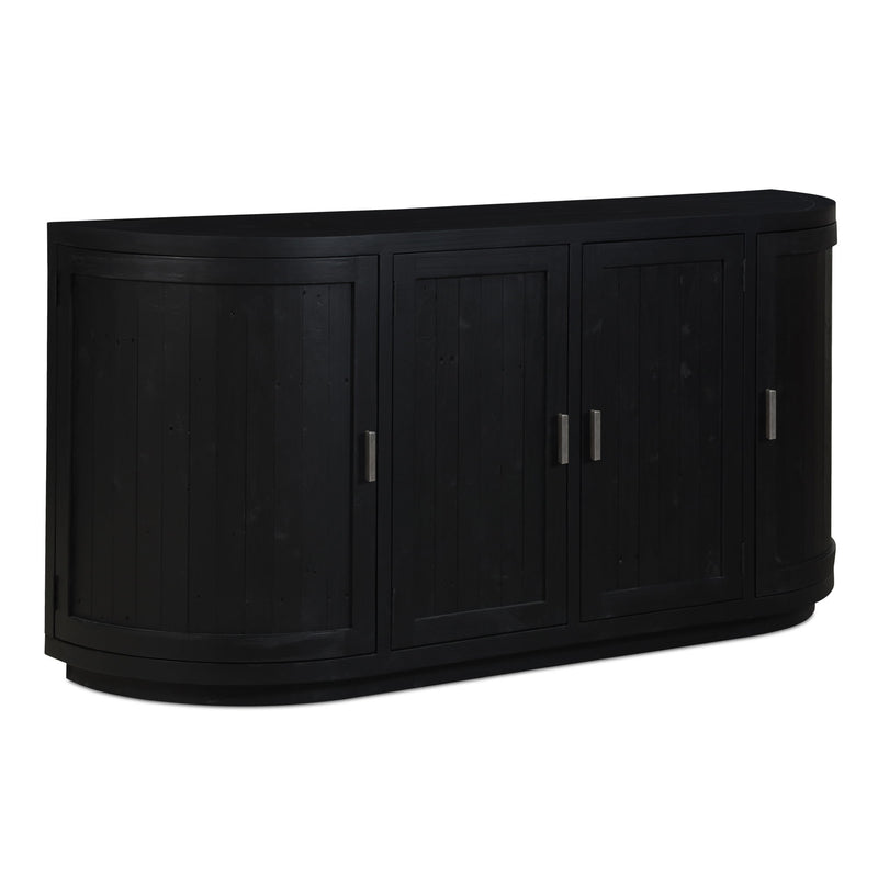 Black sideboard with cabinet doors, curved ends, and silver bar handles