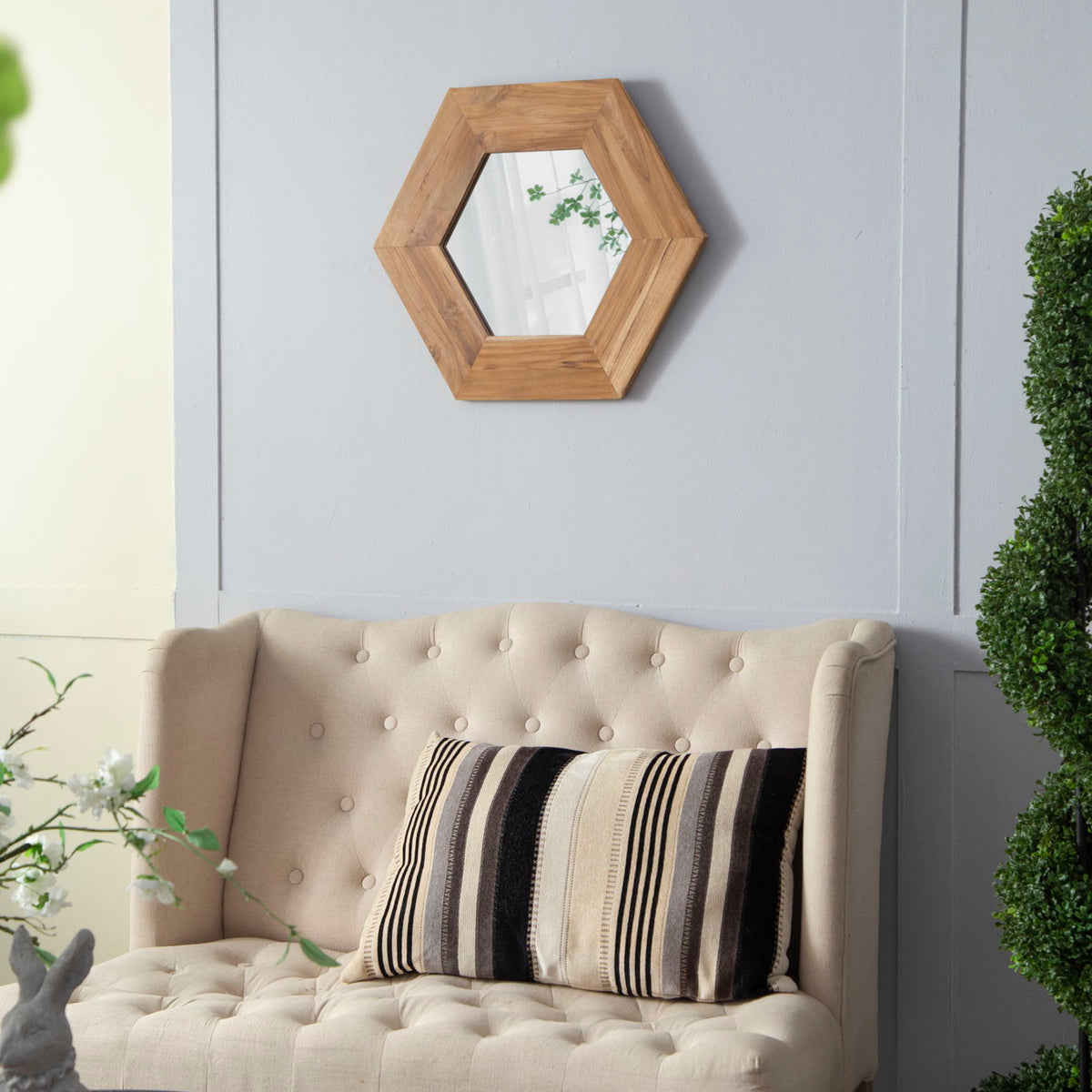 Hexagon Mirror With Natural Wood Frame, Wall Decor For Living Room Bathroom Hallway