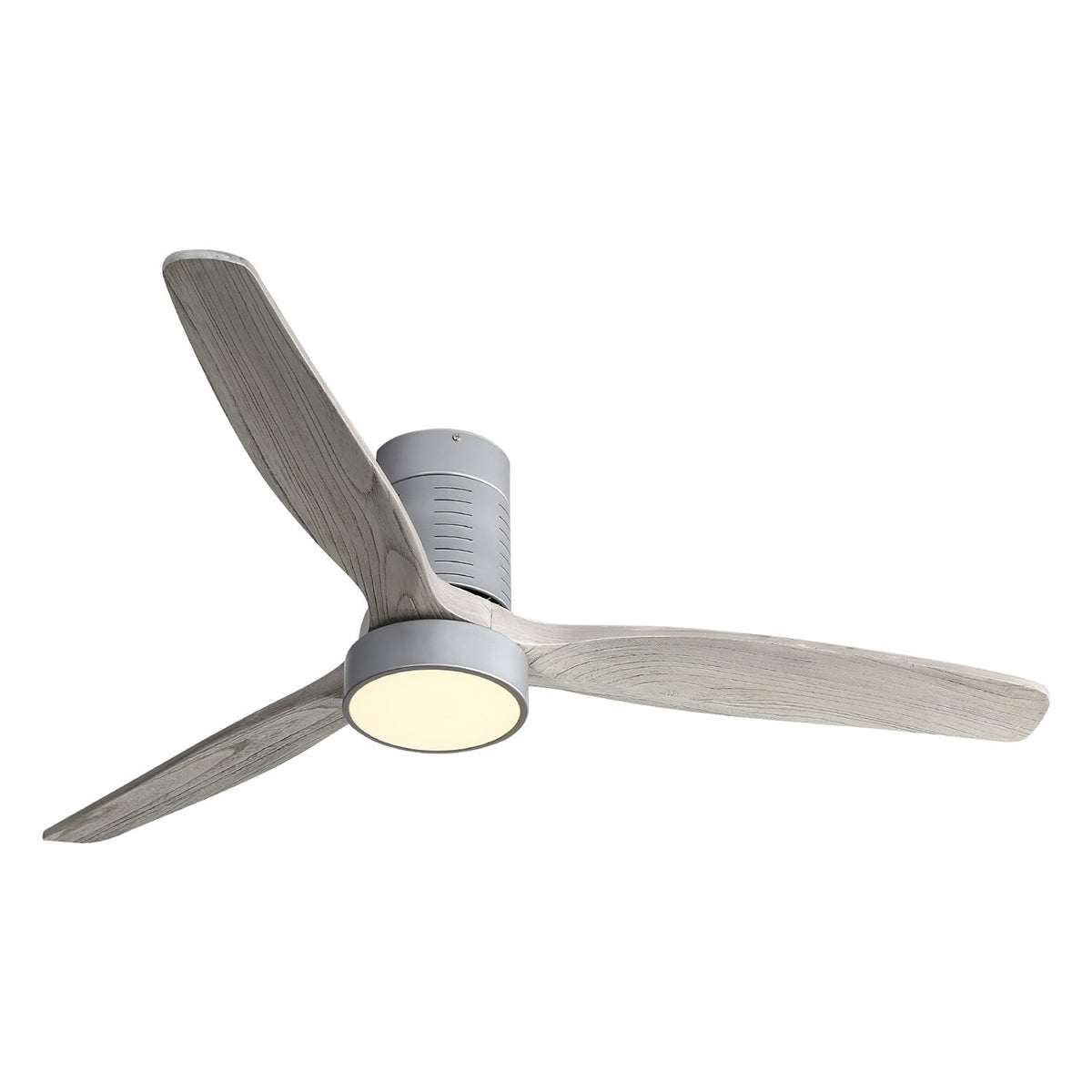 Silver 3-blade LED ceiling fan with frosted light and textured motor housing