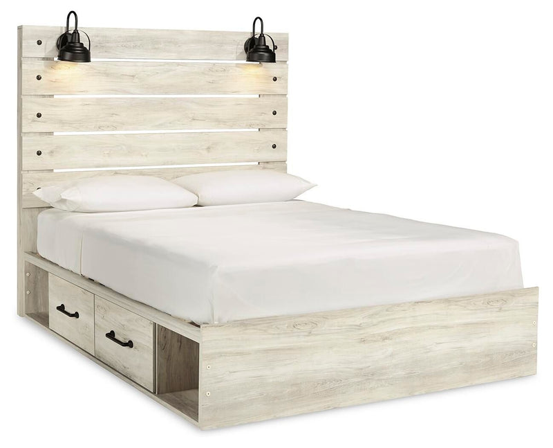 Beige panel bed frame with white mattress, four front drawers with black handles