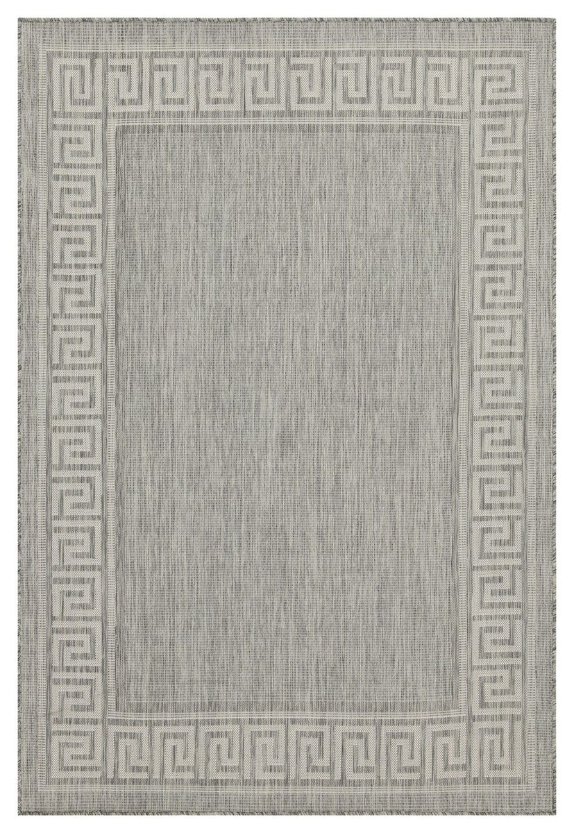 Light gray area rug with dark gray Greek key border and lightly textured center.
