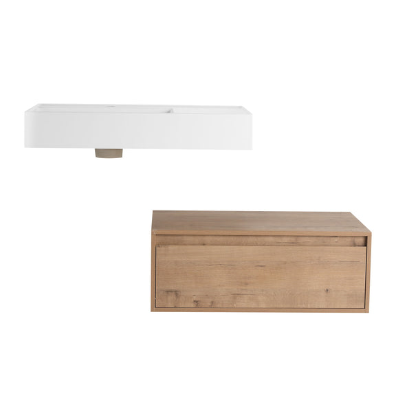 Wall-mounted bathroom vanity with single drawer and integrated resin sink, oak finish