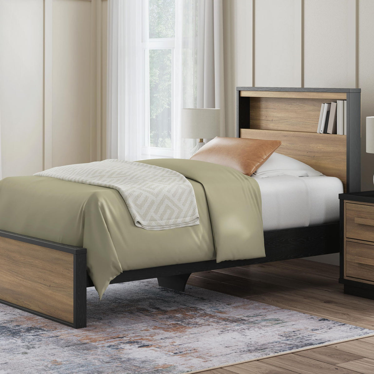 Bookcase bed frame with dark brown frame, wood panels, and light bedding