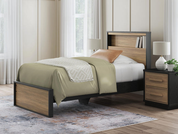 Bookcase bed frame with dark brown frame, wood panels, and light bedding