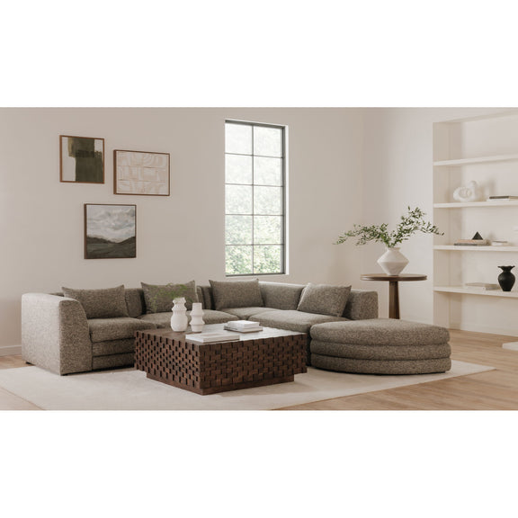 Brown storage coffee table in living room with wooden block storage front