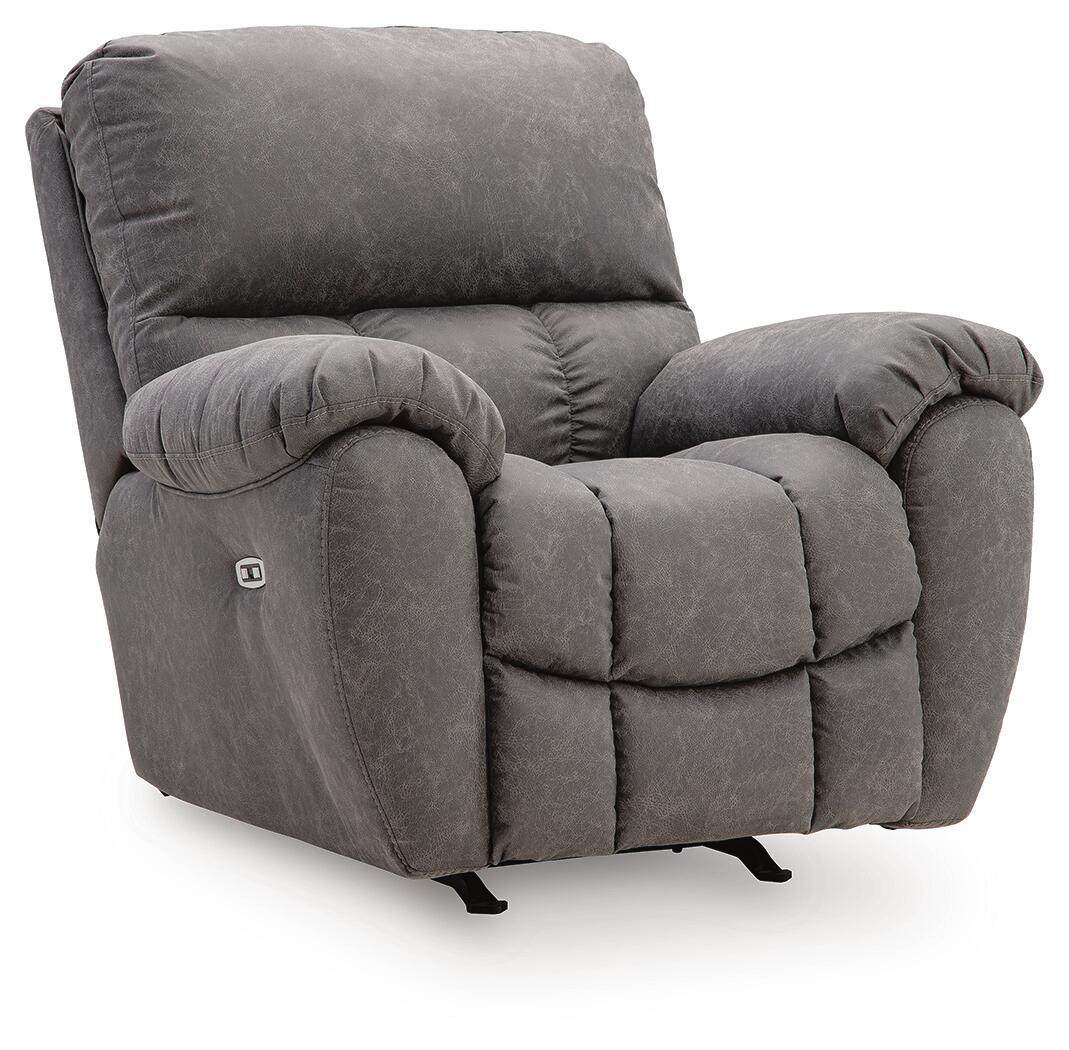Power rocker recliner with adjustable headrest, dark gray fabric, padded arms, reclining seat