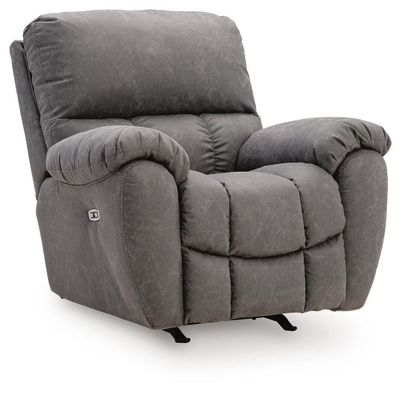 Power rocker recliner with adjustable headrest, dark gray fabric, padded arms, reclining seat