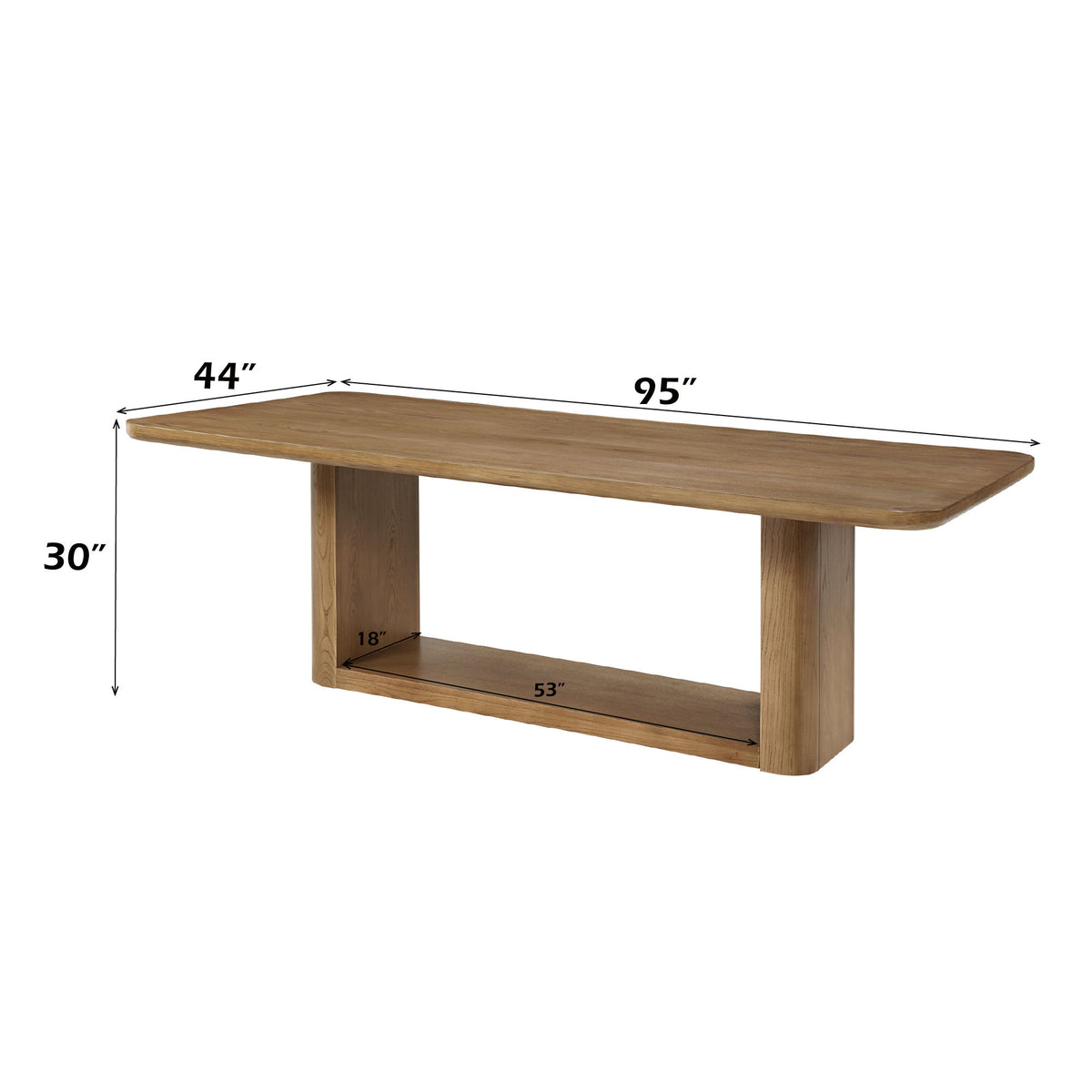 Light brown dining table with open shelf base, 95 in by 44 in dimensions