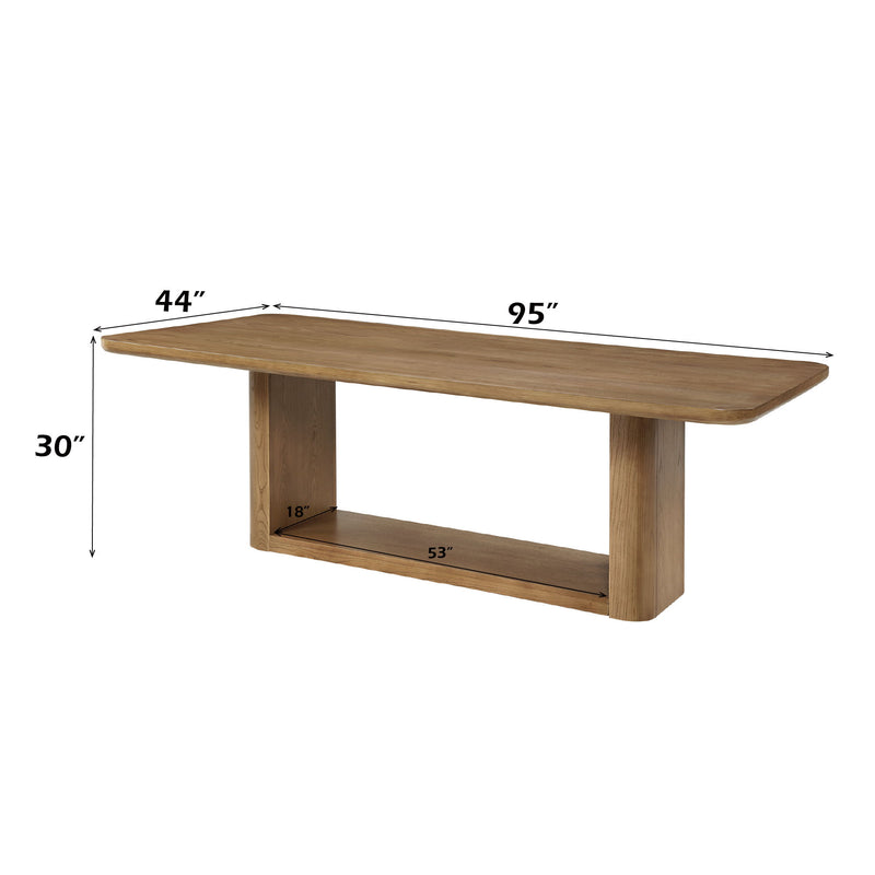 Light brown dining table with open shelf base, 95 in by 44 in dimensions