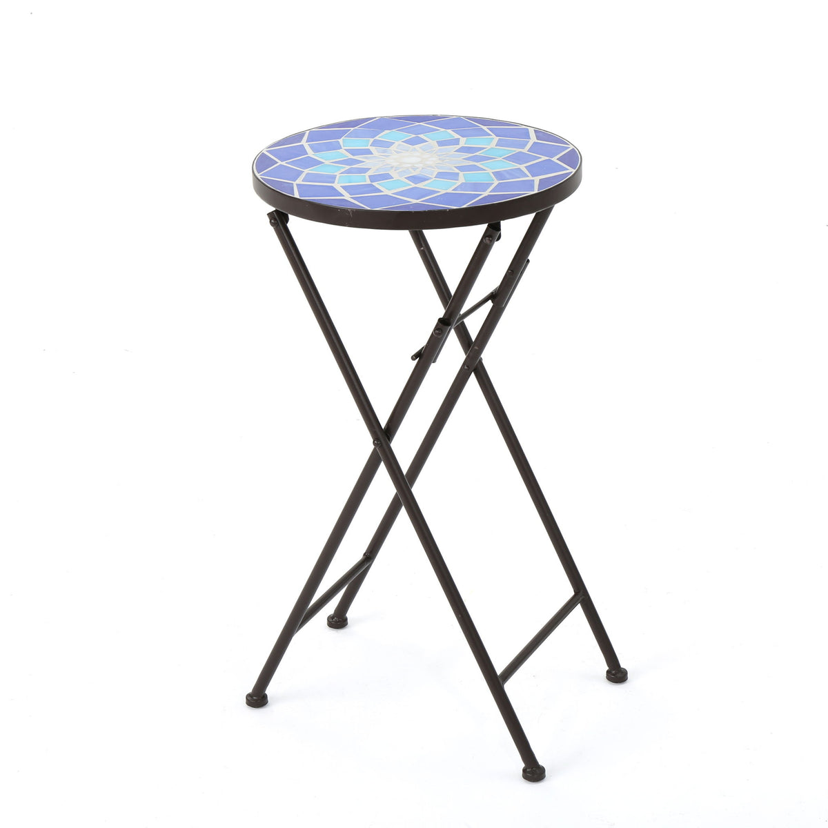 Outdoor Folding Accent Table With Glass Top And Iron Frame - White / Blue