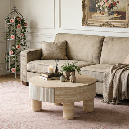 Round Coffee Table with Hidden Storage Open Shelving Fluted Design Beige
