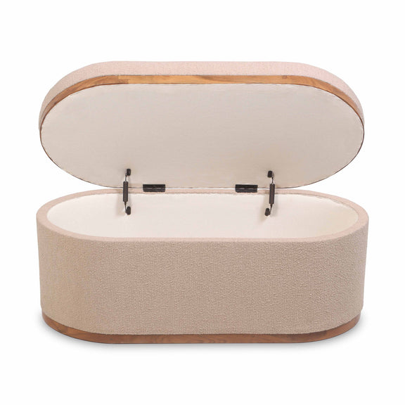 Beige boucle oval storage ottoman, open lid with metal hinges and padded top