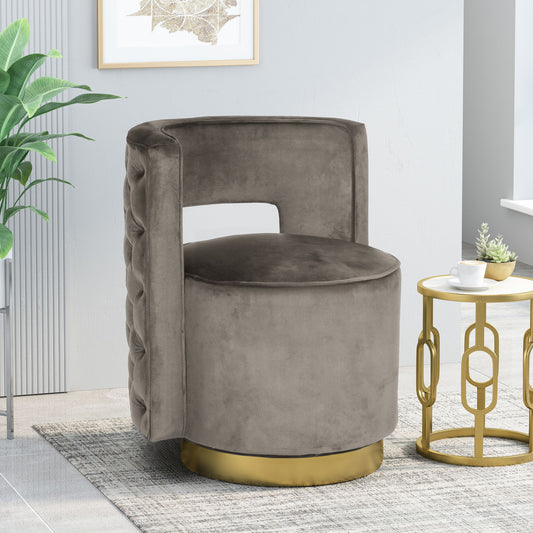 Modern Glam Swivel Arm Chair With Velvet Upholstery And Copper Base - Gray