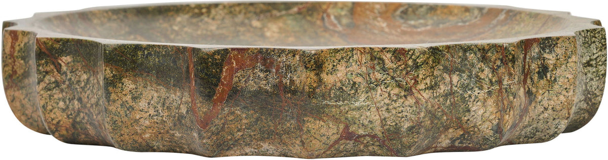 Green genuine marble bowl, side view, with textured stone coloring and rim
