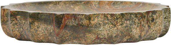 Green genuine marble bowl, side view, with textured stone coloring and rim