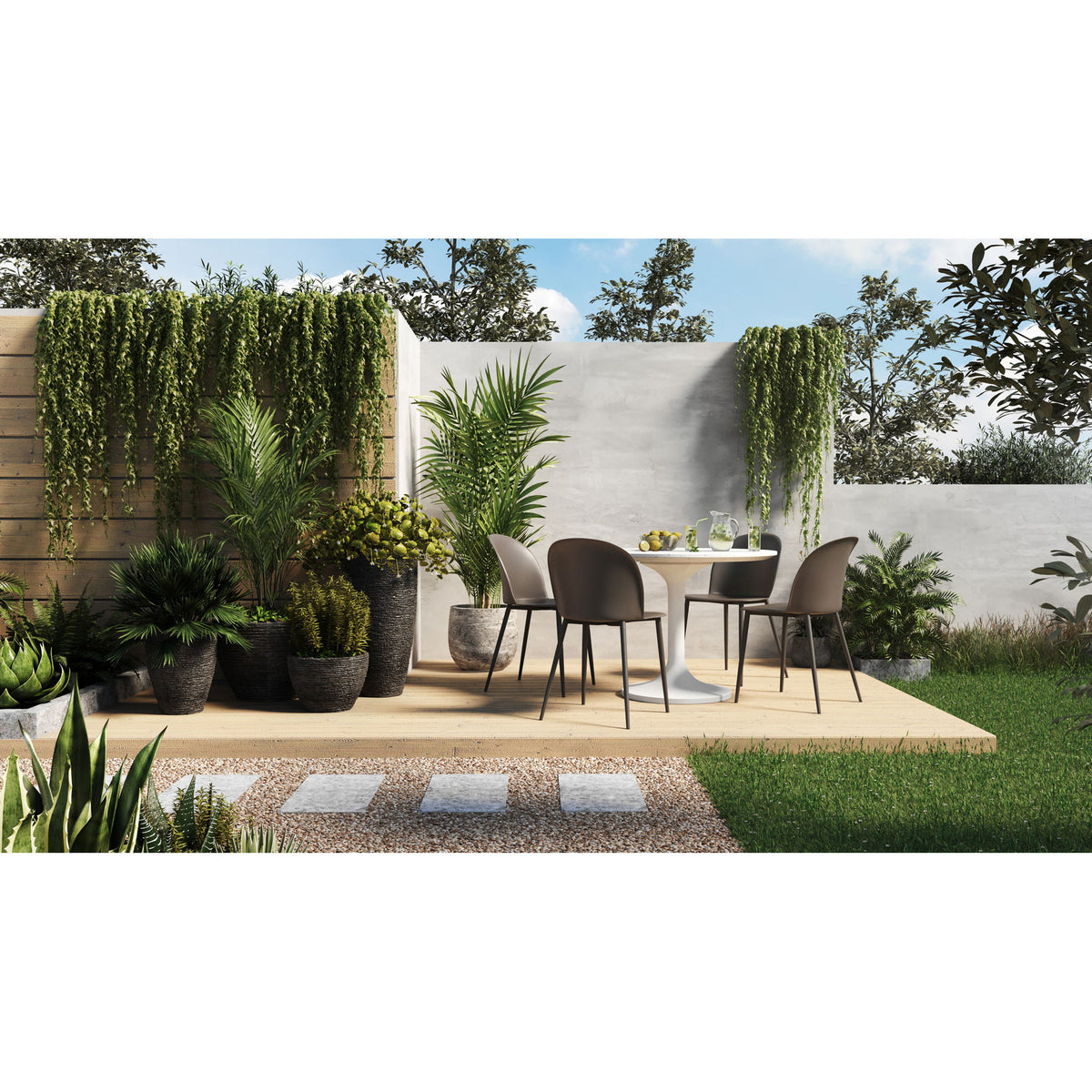 Pearl silver round cafe table with pedestal base outdoors