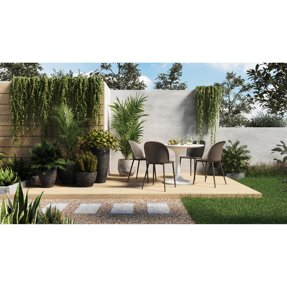 Pearl silver round cafe table with pedestal base outdoors
