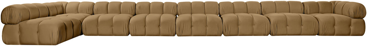 Light brown velvet L-shaped sectional sofa with tufted channel-style upholstery