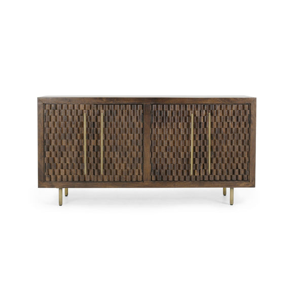 Brown cabinet with two-door front panels and metal hinges, checkered woven texture