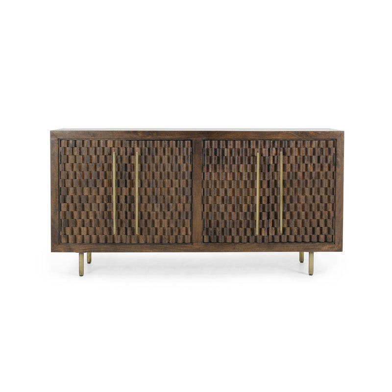 Brown cabinet with two-door front panels and metal hinges, checkered woven texture