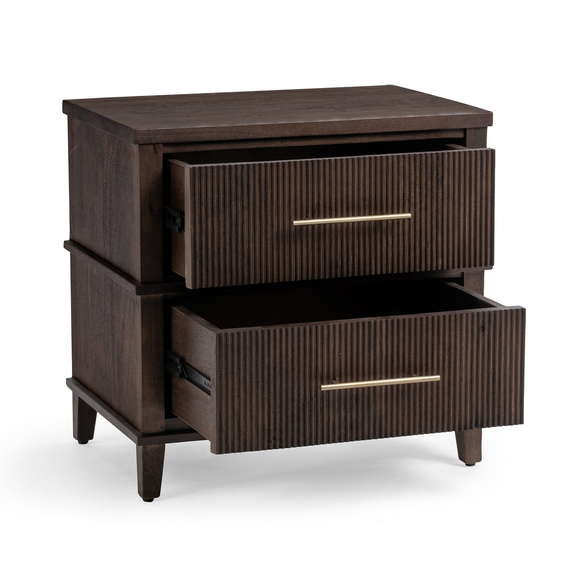 2-drawer nightstand with top drawer open and bottom drawer open, gold bar handles
