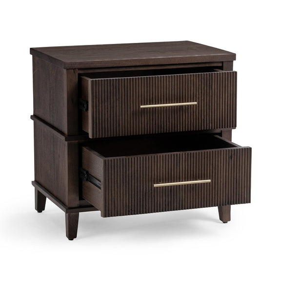 2-drawer nightstand with top drawer open and bottom drawer open, gold bar handles