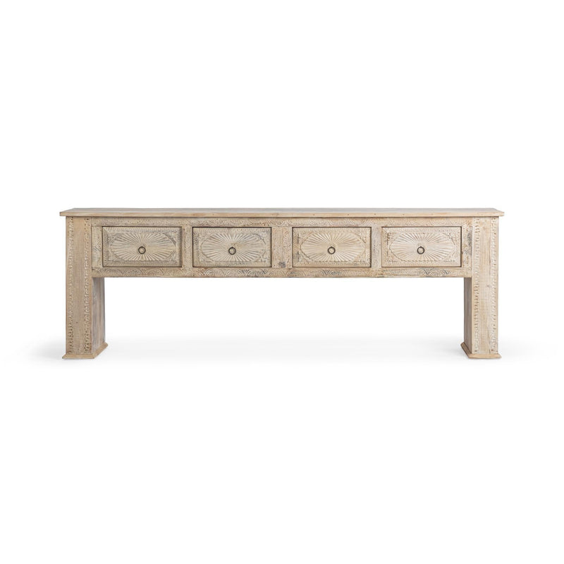 Butterwood console table with four drawers and round knobs, wide front view