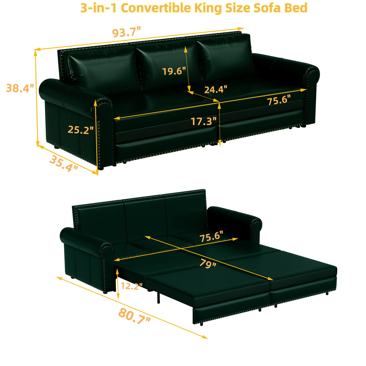 Dark green convertible sofa bed with pull-out base, shown with dimension lines