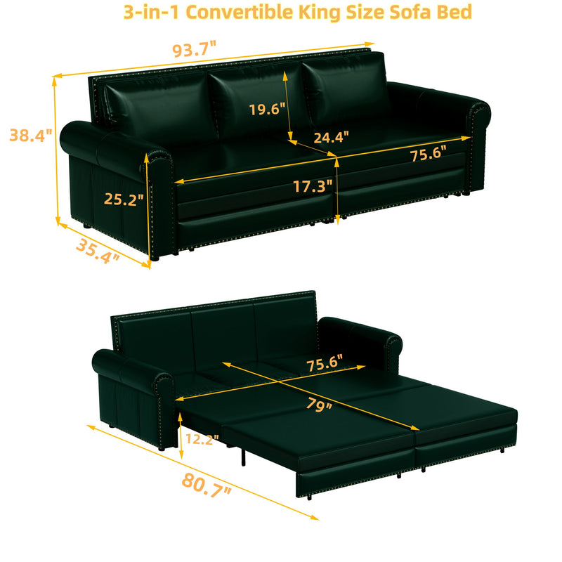 Dark green convertible sofa bed with pull-out base, shown with dimension lines