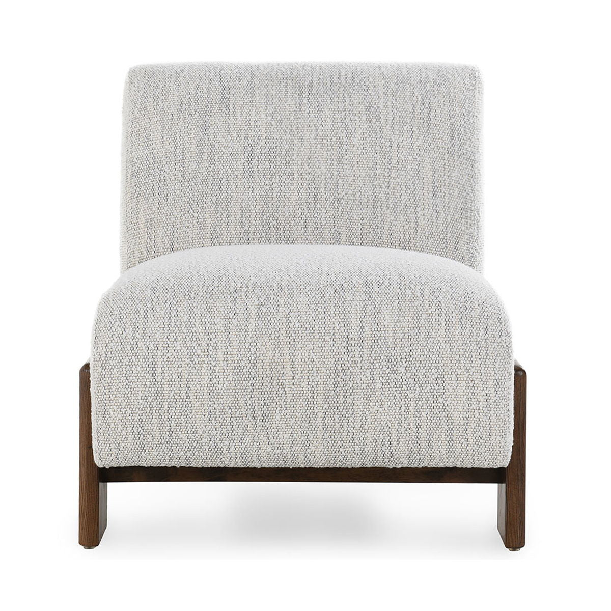 Ivory upholstered accent chair with square back and cushioned seat, dark wood base