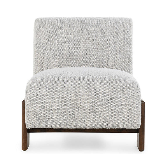 Ivory upholstered accent chair with square back and cushioned seat, dark wood base