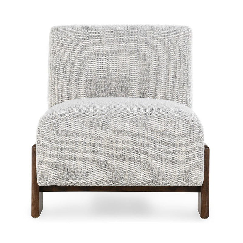 Ivory upholstered accent chair with square back and cushioned seat, dark wood base