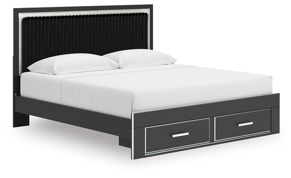 Upholstered panel platform storage bed, black headboard with 2 front drawers, white mattress