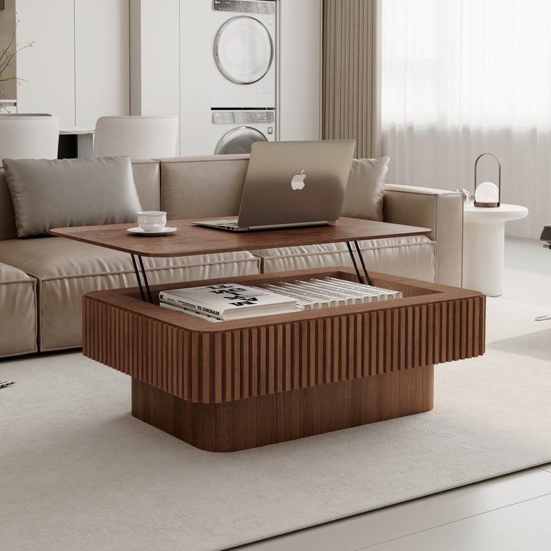 Lift-Top Coffee Table Fluted Hidden Storage Walnut 38.6-inch