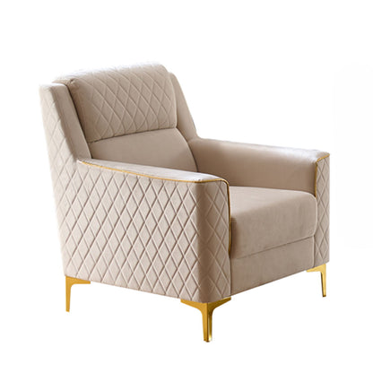 Beige accent chair with diamond-quilted sides, padded seat, and slim gold legs