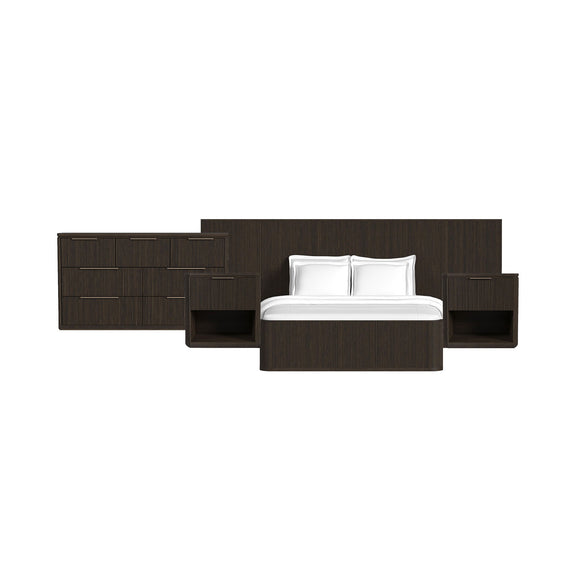 Dark brown wall bed bedroom set with platform bed and multiple drawer storage units