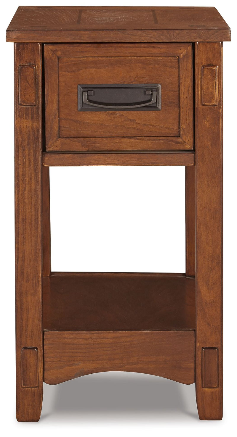 Brown wood end table with 1 drawer and open lower shelf, side view