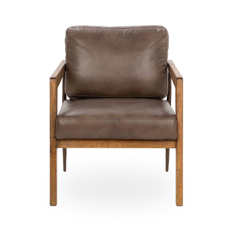 Truffle brown accent chair front view with tapered wooden legs