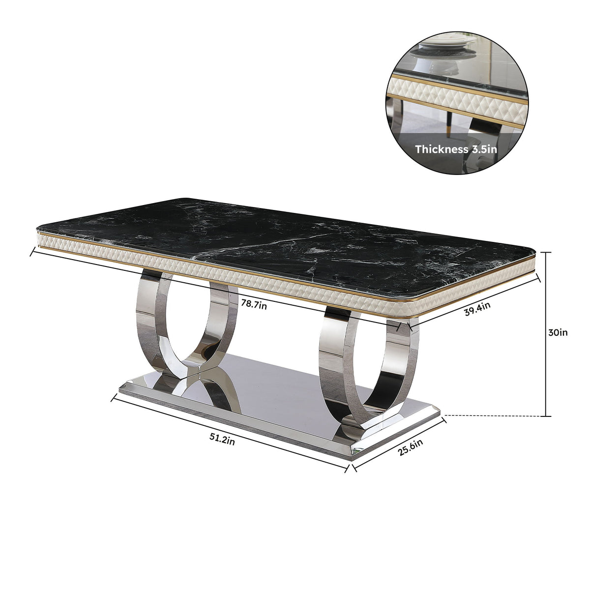 Black marble-look tabletop with gold trim and polished metal pedestal dining table base